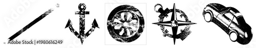 Vintage compass, anchor, car silhouette, wheel emblem, distressed halftone style, maritime and transport, graphic design elements.