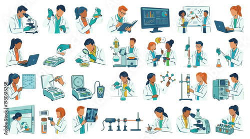 A comprehensive collection of illustrations depicting scientists and researchers engaged in various laboratory experiments and scientific research activities.