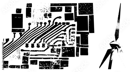 Stylized black and white circuit board with solder pads and wind turbine, digital electronics and renewable energy motifs, vector art, tech design.