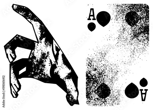 Graphic hand gesturing toward ace card, halftone texture, vector art, gambling symbol, card game, isolated design, black and white illustration.