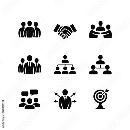 Business team icons set, handshake deal, group meeting, hierarchy chart, leadership training, collaboration workshop, target goal, corporate event, silhouette vector