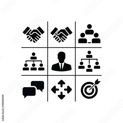 Team collaboration icons grid, handshake, group meeting, leader avatar, chat bubble, direction arrows, hierarchy chart, coaching, training workshop, silhouette vector