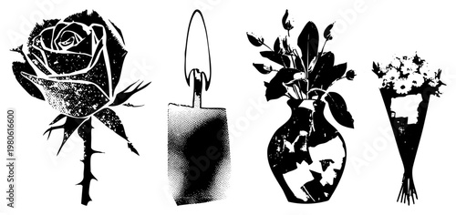 Vintage styled rose, candle, vase with blooms, and bouquet rendered in stark halftone, graphic design elements, isolated vector art.