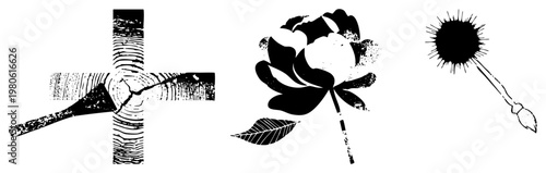 Stylized black and white vector wooden with grain, blooming peony with leaf, ink dripping brush. Grunge texture, halftone effect, artistic tools.