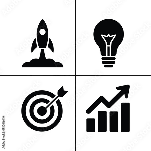 Entrepreneur icons grid, rocket growth chart, marketing target, idea bulb, startup accelerator banner, pitch night event, business training vector