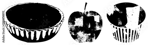 Stylized dessert illustrations in halftone texture, vector art, retro food graphics, sweet treats, baked goods, dessert.