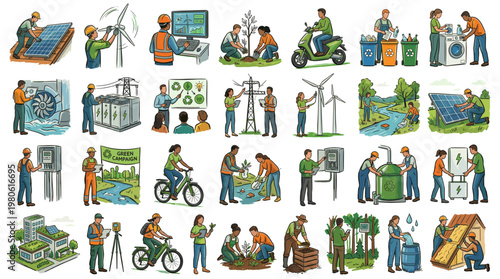A vibrant collection of illustrations depicting various aspects of environmental sustainability and green living.