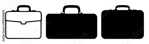 Investment portfolio briefcase set with solid black icon and white background featuring investment, briefcase, portfolio with financial and business