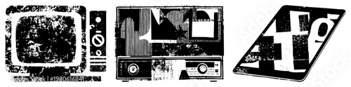 Grunge style vector illustrations of classic tech devices, retro, cassette player, and tablet, rendered in high contrast halftone with texture.