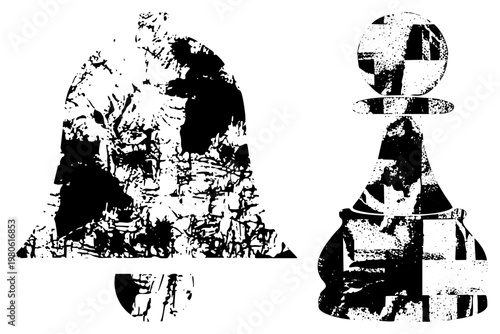 Stylized bell and chess pawn featuring distressed halftone, graphic design, retro vector art, isolated symbols with gritty texture.