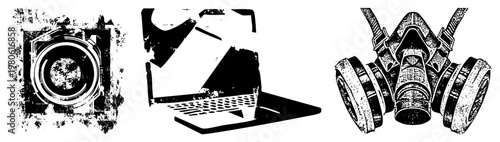 Stylized vector of camera lens, laptop, and gas mask in halftone texture, design, isolated graphic elements for UI or safety themes.