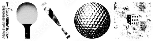 Classic halftone rendered sports gear sword, paddle, bat, golf ball, die, vector, retro graphic style, isolated foreground elements.