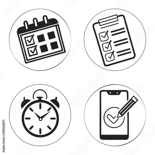 A set of four black and white vector icons depicting time management and organization