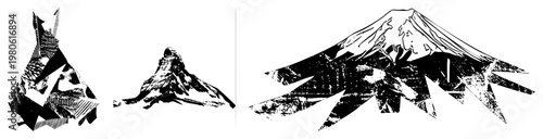 Fragmented mountain peaks rendered in bold black and white, halftone shading, stylized vector art, graphic design elements, isolated mountain forms.