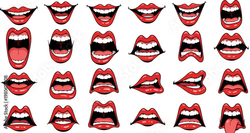 Pop art red lips vector set, collection of 24 female mouth expressions with white teeth, comic style cartoon lips for character animation
