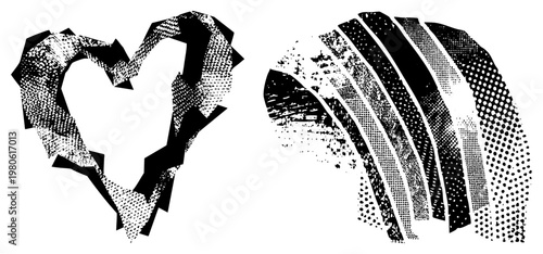 Stylized heart and wave forms rendered in halftone dot, vector art, design, graphic illustration, isolated foreground elements.