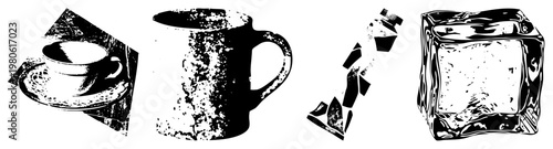 Tea cup on saucer, ceramic mug, fragmented candy bar, ice cube all rendered in bold halftone, isolated vector graphics for design use.