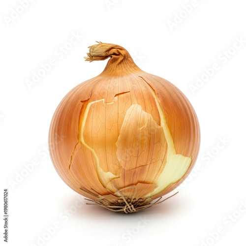 A close-up photo of a partially peeled onion on a white background