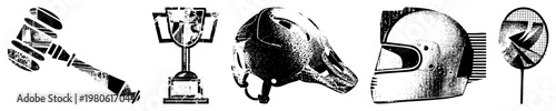 Black and white halftone vector of a gavel, trophy, hockey helmet, motorcycle helmet, and badminton racket classic sports and judicial symbols rendered in gritty texture.