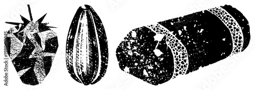 Graphic design featuring strawberry, cocoa pod, and bread slice with halftone texture, vector art, food set, isolated food illustrations, glyph style, flat design, rustic aesthetic.