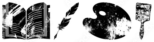 Open book, quill pen, painter’s palette, and brush as creative symbols, distressed halftone texture, design, artistic toolkit.