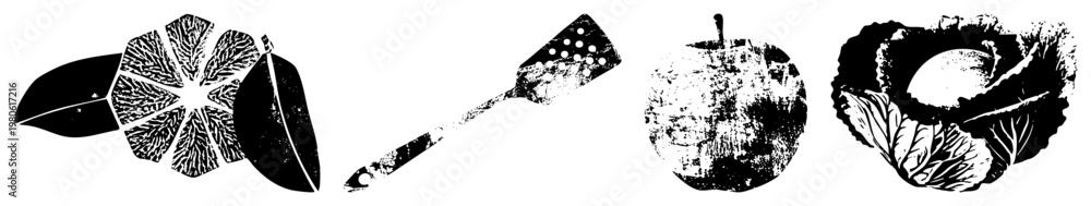 Obraz premium Grayscale halftone illustrations of citrus slice, slotted spatula,, and cabbage, stylized with grainy texture and bold, ideal for food design or retro packaging.
