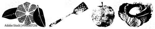 Grayscale halftone illustrations of citrus slice, slotted spatula,, and cabbage, stylized with grainy texture and bold, ideal for food design or retro packaging.