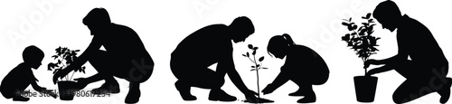Silhouettes of people planting plants and trees gardening