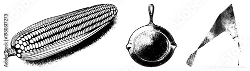 Classic black and white halftone print showing corn cob, skillet, fabric retro kitchen and textile elements, graphic design asset, vector art.