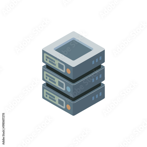 Data center server stack isometric illustration, cloud hosting hardware, technology infrastructure banner, network equipment management workshop, operations training session