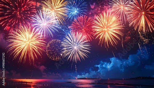 Explosive Symphony: A mesmerizing display of colorful fireworks explodes across the night sky, illuminating the silhouette of land and sea below. Witness the dazzling spectacle of light and sound.