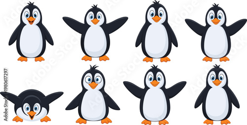 Cute Cartoon Penguin Characters Collection with Different Poses and Expressions, Adorable Winter Birds for Kids Illustration, Mascots, and Animal Design Set