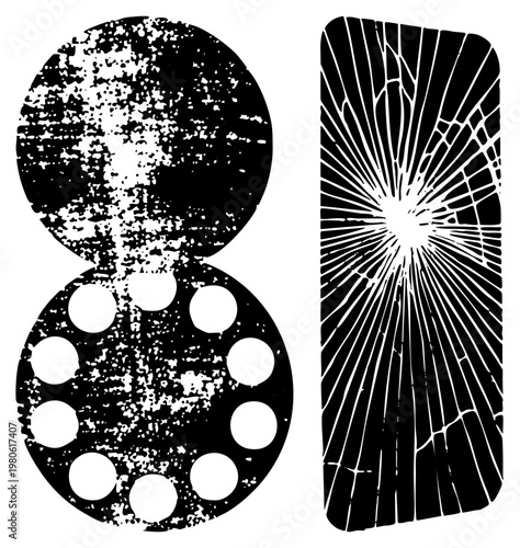 vector film reel with perforations & grain, cracked glass radiating center analog, cinematic texture.