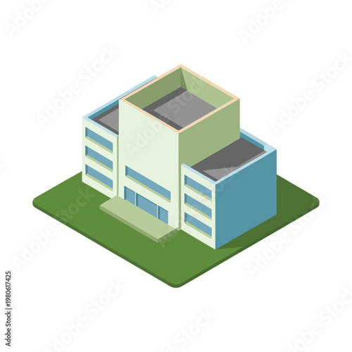 Healthcare facility building, community hospital exterior, emergency service location map, medical conference poster, urban planning asset, isometric architecture illustration vector