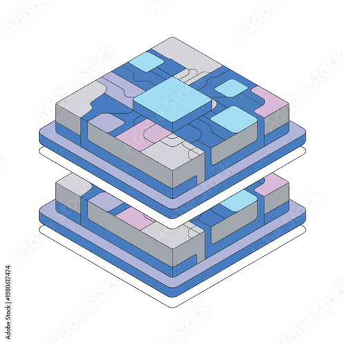Layered cloud platform, distributed system blocks, microservices diagram element, software architecture meetup banner, devops training asset, isometric technology illustration vector
