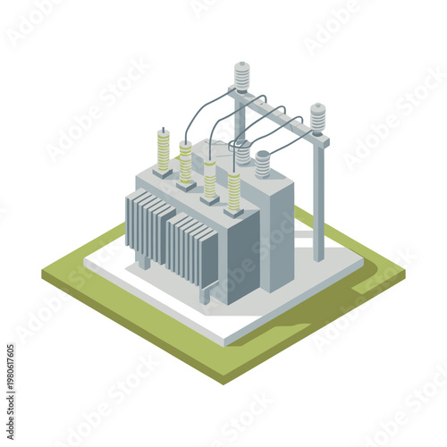 Isometric electrical substation yard, transformer bay, high voltage equipment, grid infrastructure, power distribution, utility asset, clean vector illustration, engineering design