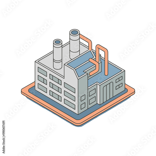 Isometric power plant building, modern factory with smokestacks, utilities infrastructure graphic, engineering expo branding, construction poster, production facility vector illustration