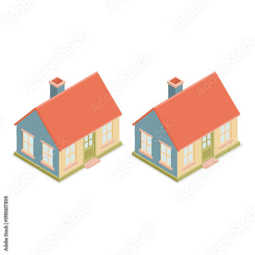 Duplex houses isometric set, twin cottages, neighborhood planning, property developer, real estate expo, architecture workshop session, community living vector