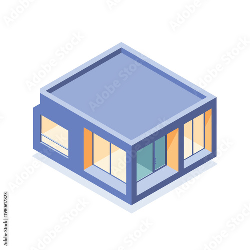 Small shop isometric building, storefront windows, retail space, shopping center, property leasing, real estate expo, architecture planning session, vector