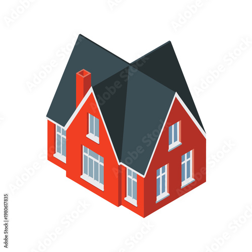 Victorian style isometric house, steep roof, brick facade, historic neighborhood, property showcase, real estate expo, architecture heritage session, vector