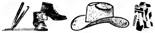 Retro styled hair iron, classic lace up boots, wide brimmed cowboy hat, abstract geometric shirt, all in halftone vector style, isolated foreground elements.