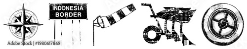 Set of five black and white vector compass rose, Indonesia border sign, windsock, tractor, wheel each with halftone texture and isolated design for UI or maps.