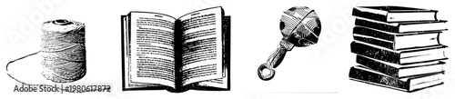 Thread spool with loose strand, open book with text, baby rattle, stack of hardcover books classic educational and craft, vector illustrations.