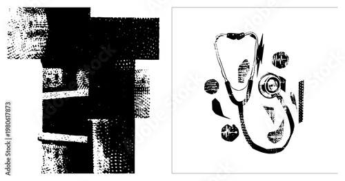 Black and white halftone graphic featuring stethoscope, heartbeat, and geometric shapes medical, vector art, stylized healthcare symbols.