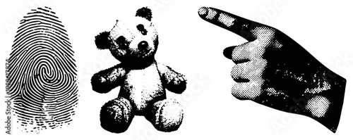 Black and white halftone vector set featuring a fingerprint, plush teddy bear, and pointing hand ideal for forensic, childhood, or directional themes.