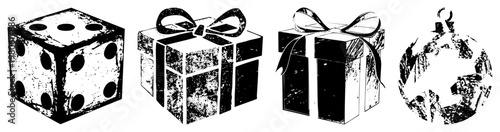 Vintage style vector die with pips, gift boxes with bows, and textured ornament., distressed, graphic design elements. Perfect for holiday, gaming, or celebratory themes.