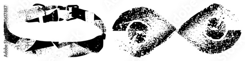 Graphic representation of eyes with fragmented halftone texture, stylized gaze, visual distortion, vector art, black and white motif, isolated eye design.