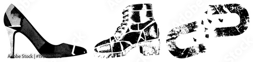 Fashion footwear rendered in halftone, high heel and combat boot with broken chain symbol, bold graphic style, fashion accessories, punk aesthetic.