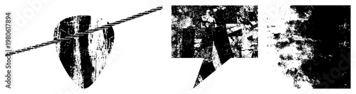 Fragmented shapes with distressed texture, stylized graphic elements, gritty digital art, vector based composition, halftone inspired, abstract design.