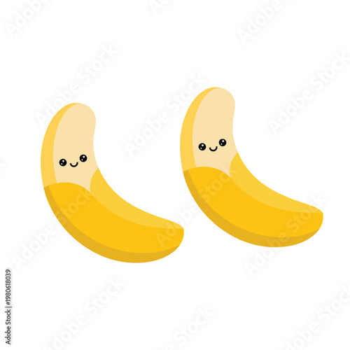 Two happy bananas, isometric fruit duo, tropical snack characters, childrens menu graphic, healthy food sticker, cute kawaii theme, vector illustration